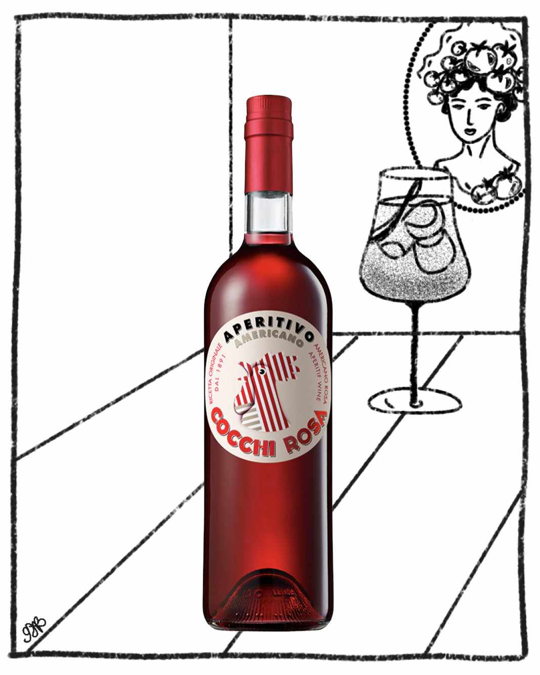 Bottle of Cocchi Rosso aperitivo with a decorative illustration of a woman and glass.
