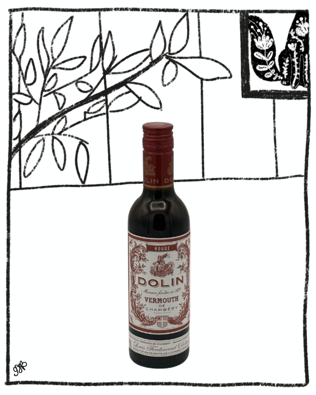 Bottle of Dolin Vermouth with decorative frame