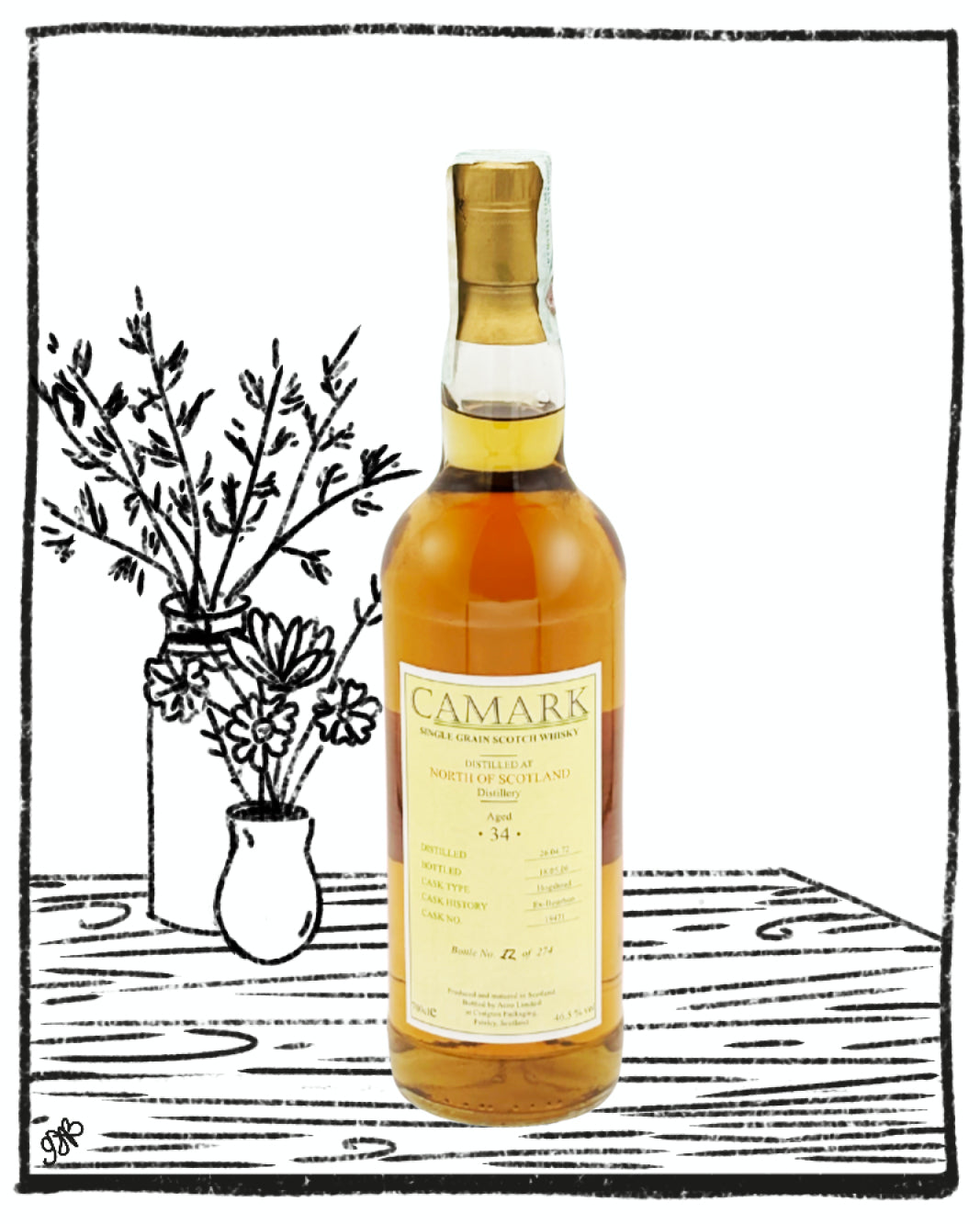 Camark whiskey bottle on a wooden surface with decorative plants in the background