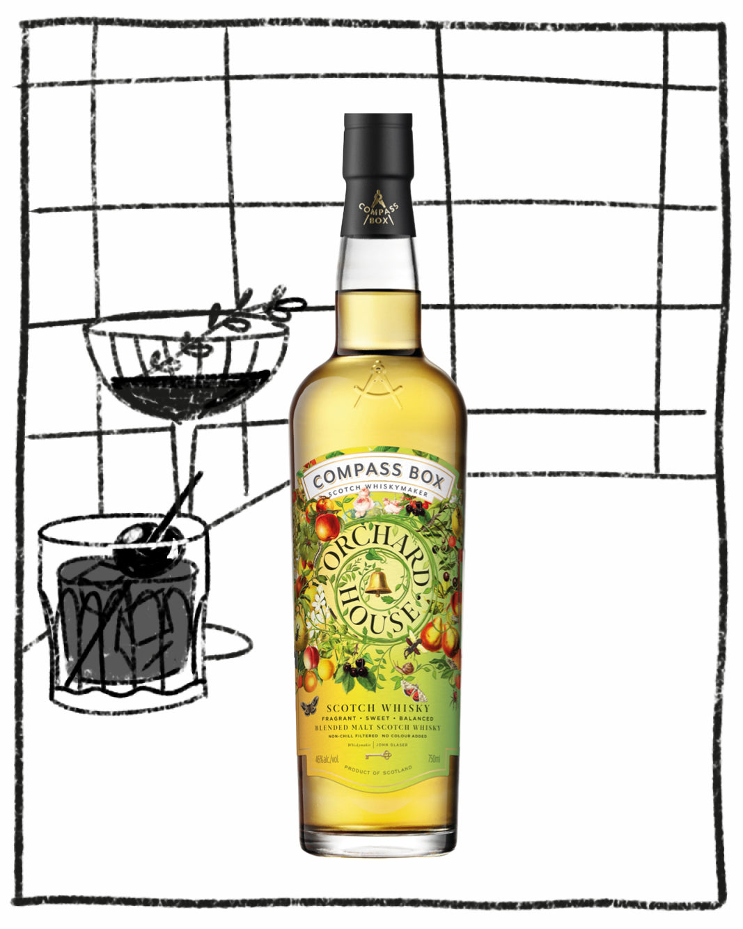 Bottle of Compass Box Orchard House whisky with a cocktail illustration in the background