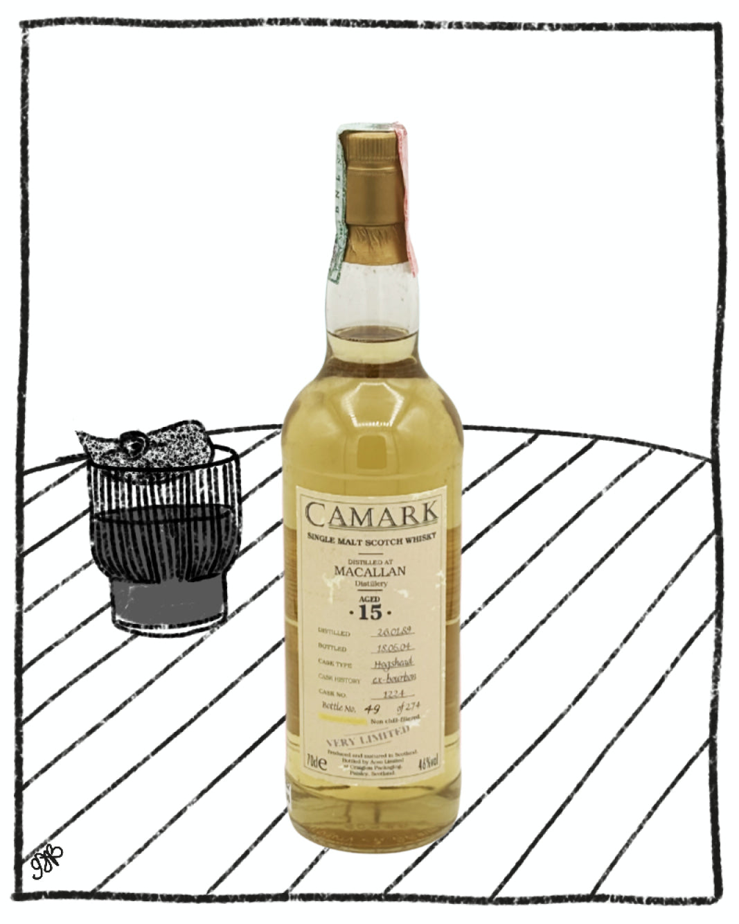 Camark whisky bottle on a white background with a black outline