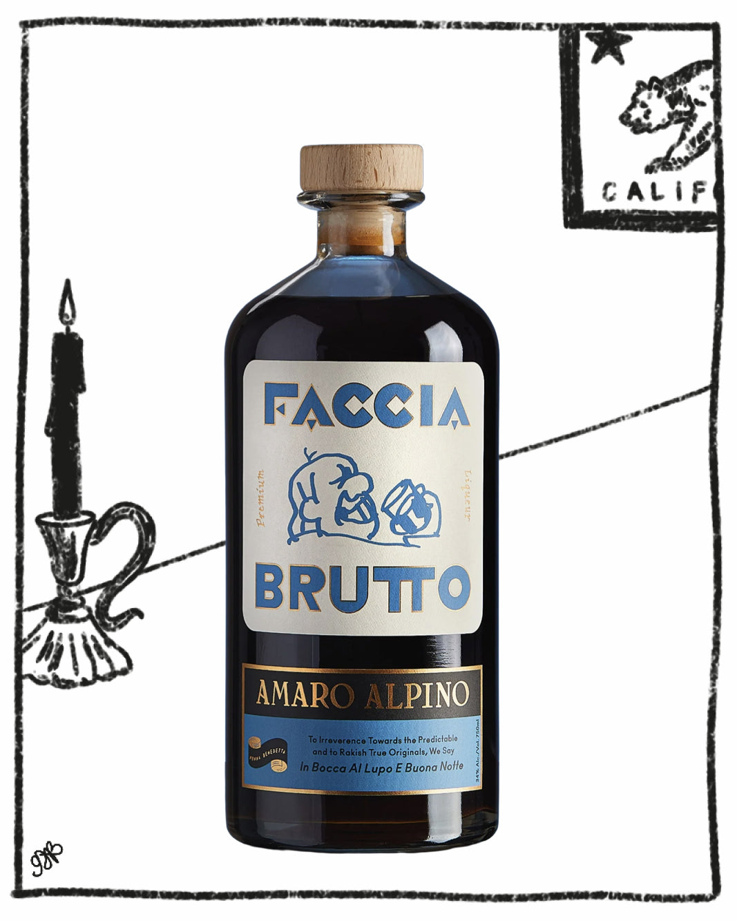 Bottle of Faccia Brutto Amaro Alpino with decorative elements on a white background