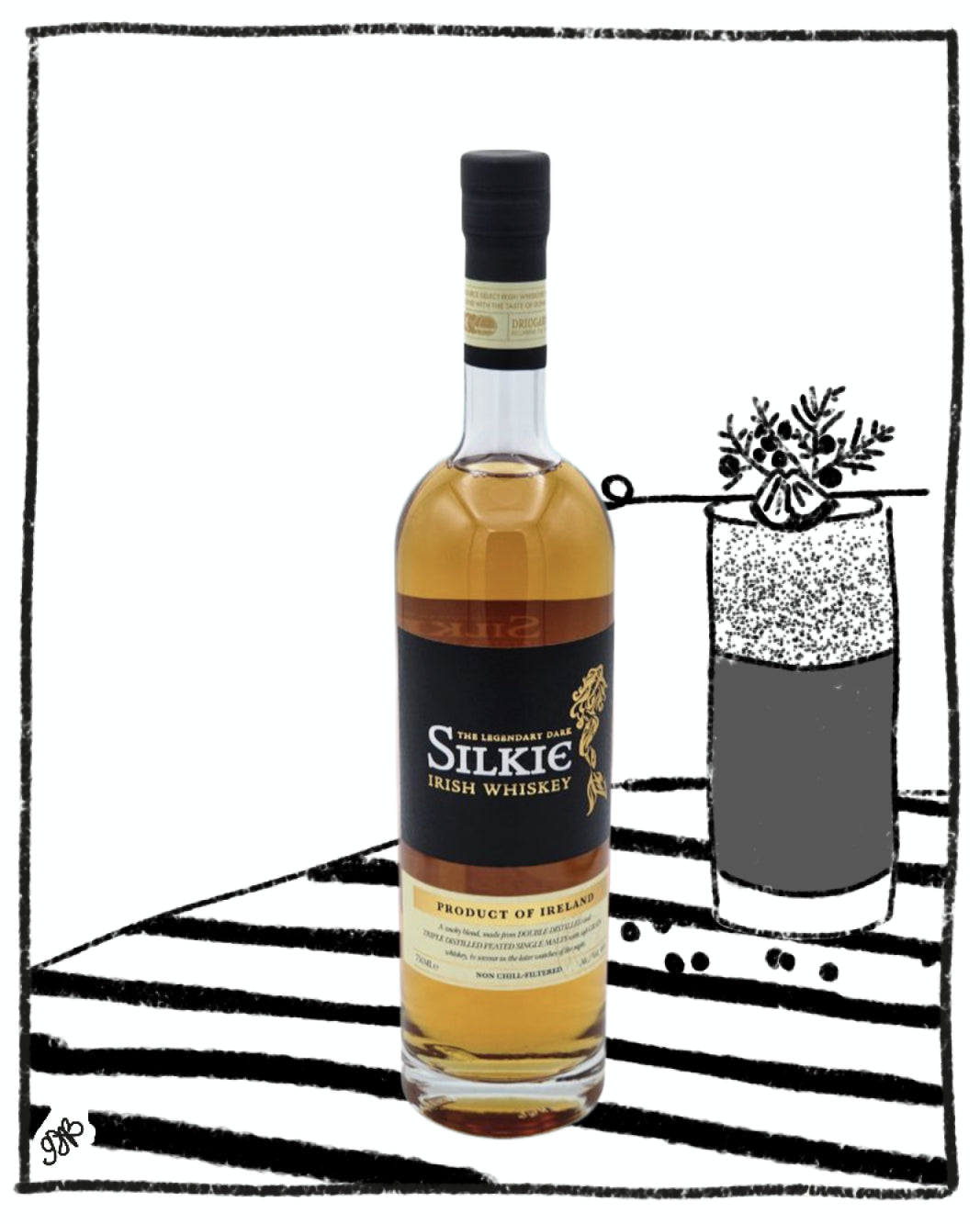 Silkie Irish whiskey bottle with a glass illustration on a black and white striped background