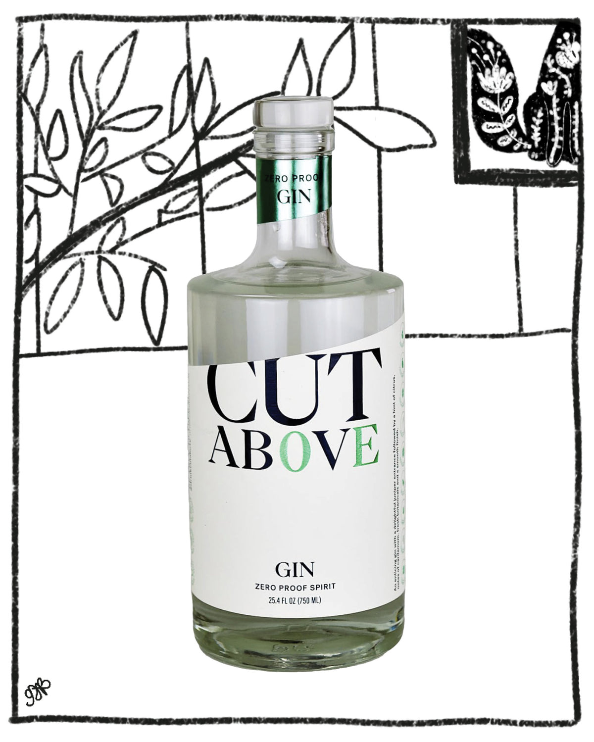 A bottle of Cut Above Gin Zero Proof Spirit, featuring a white label with black and green lettering, set against a white background with black hand-drawn botanical and butterfly illustrations.