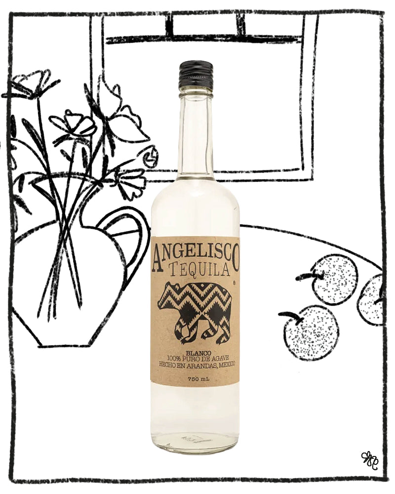 Angelico tequila bottle with decorative elements on a white background