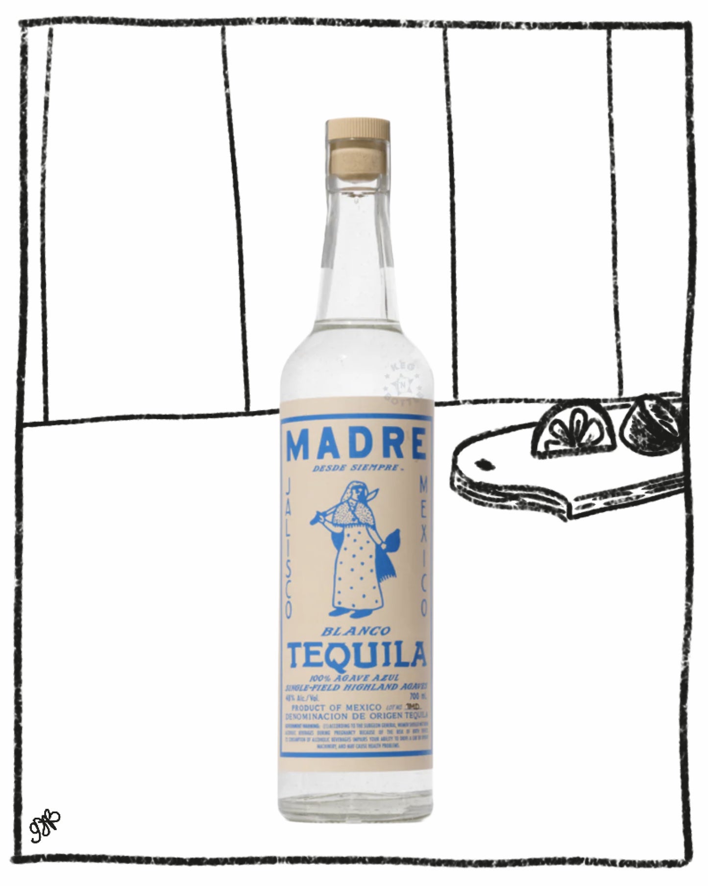 Madre Blanco Tequila bottle with a black and white line drawing of a tequila shot in the background.