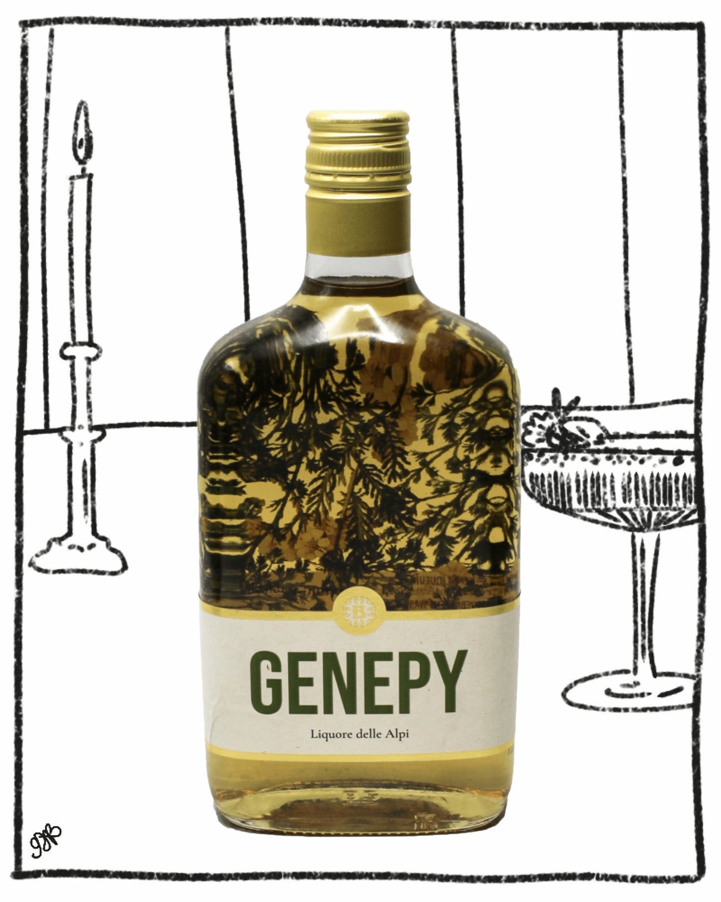 Bottle of Genepy liquor with a label and decorative elements on a white background