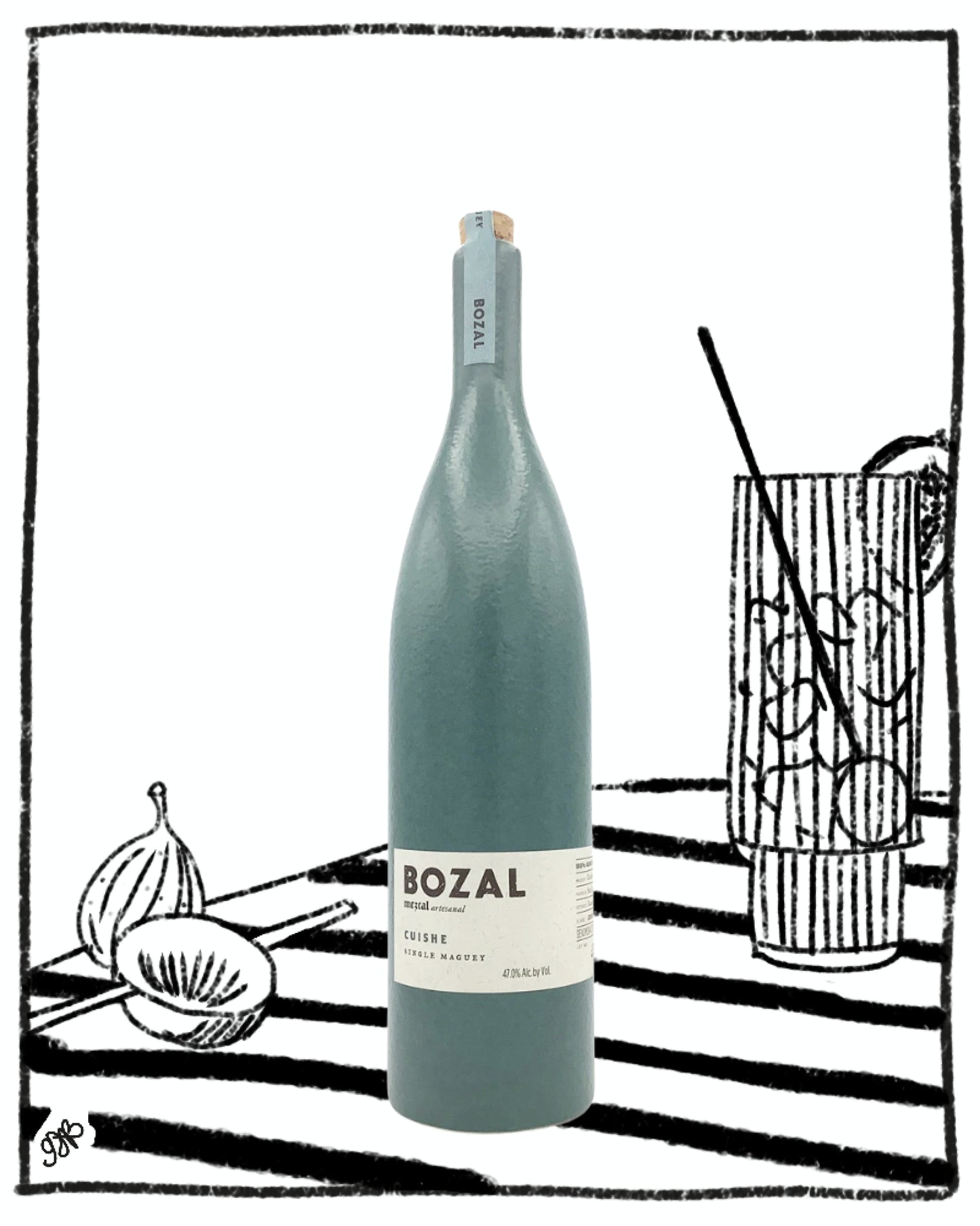 Wine bottle labeled 'Bozal' on a white background with black and white striped pattern