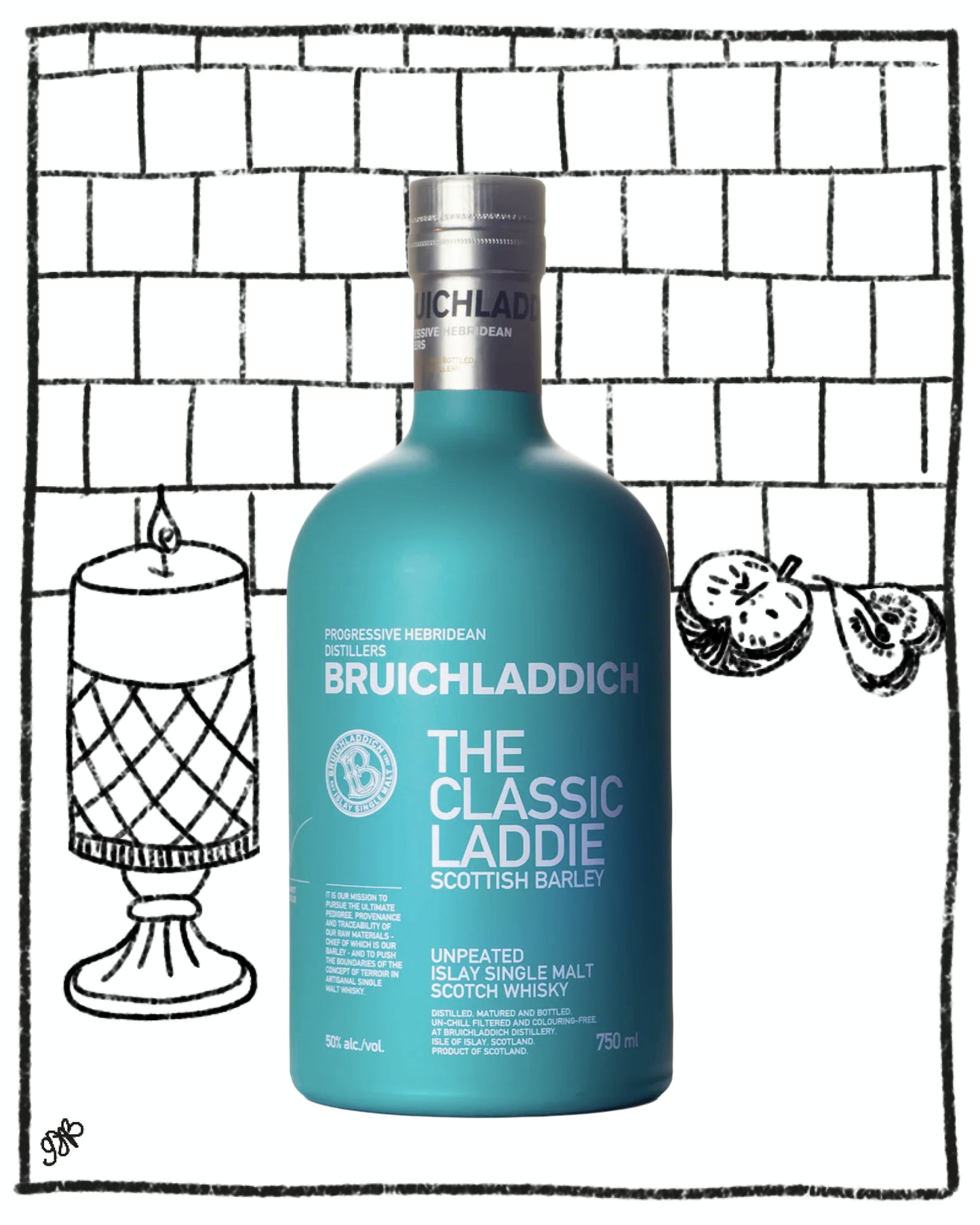 Bruichladdich whisky bottle with decorative elements on a tiled background