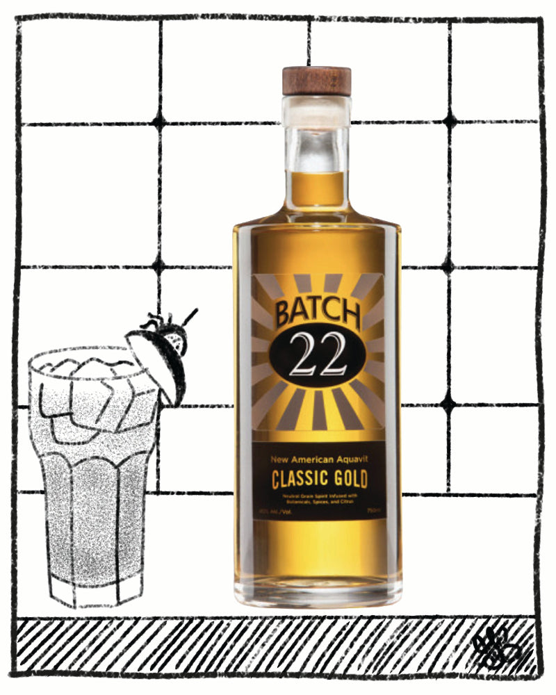 Bottle of Batch 22 Classic Gold liquor with a cocktail illustration on a grid background