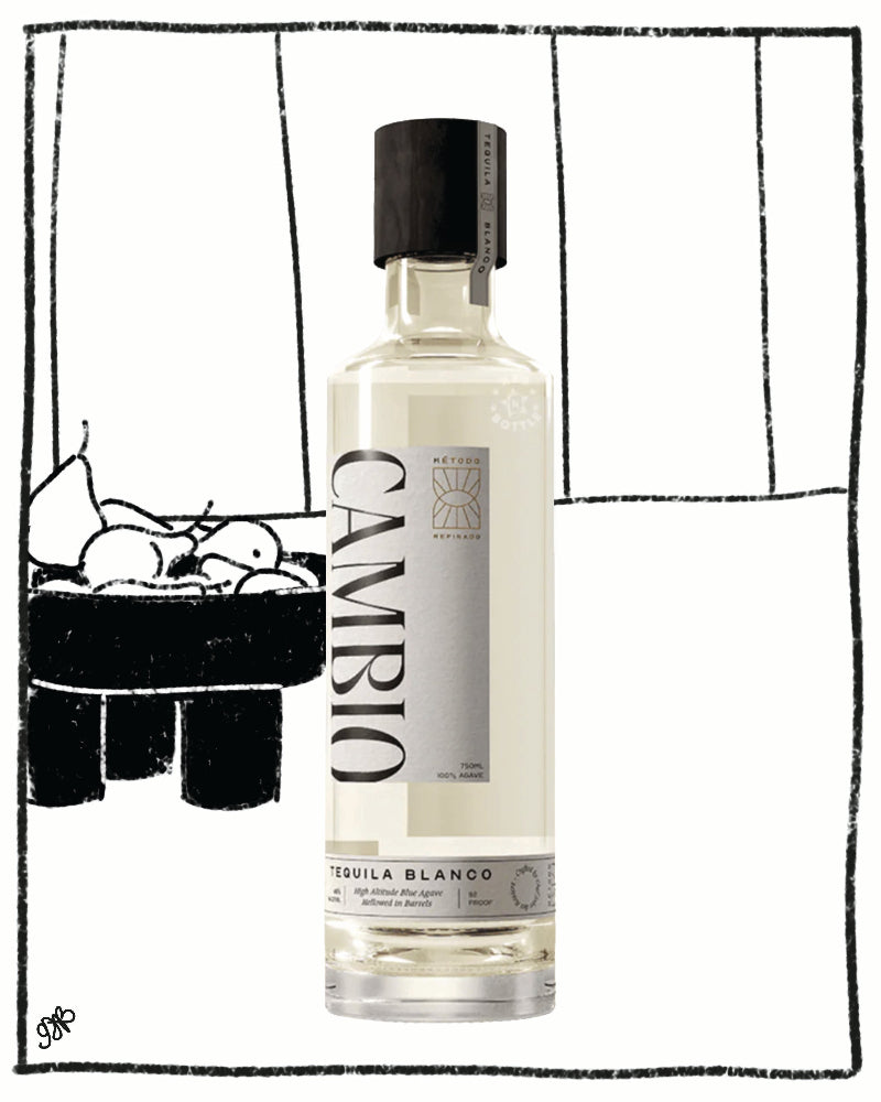 Bottle of Cambio tequila blanco with a black and white illustration in the background