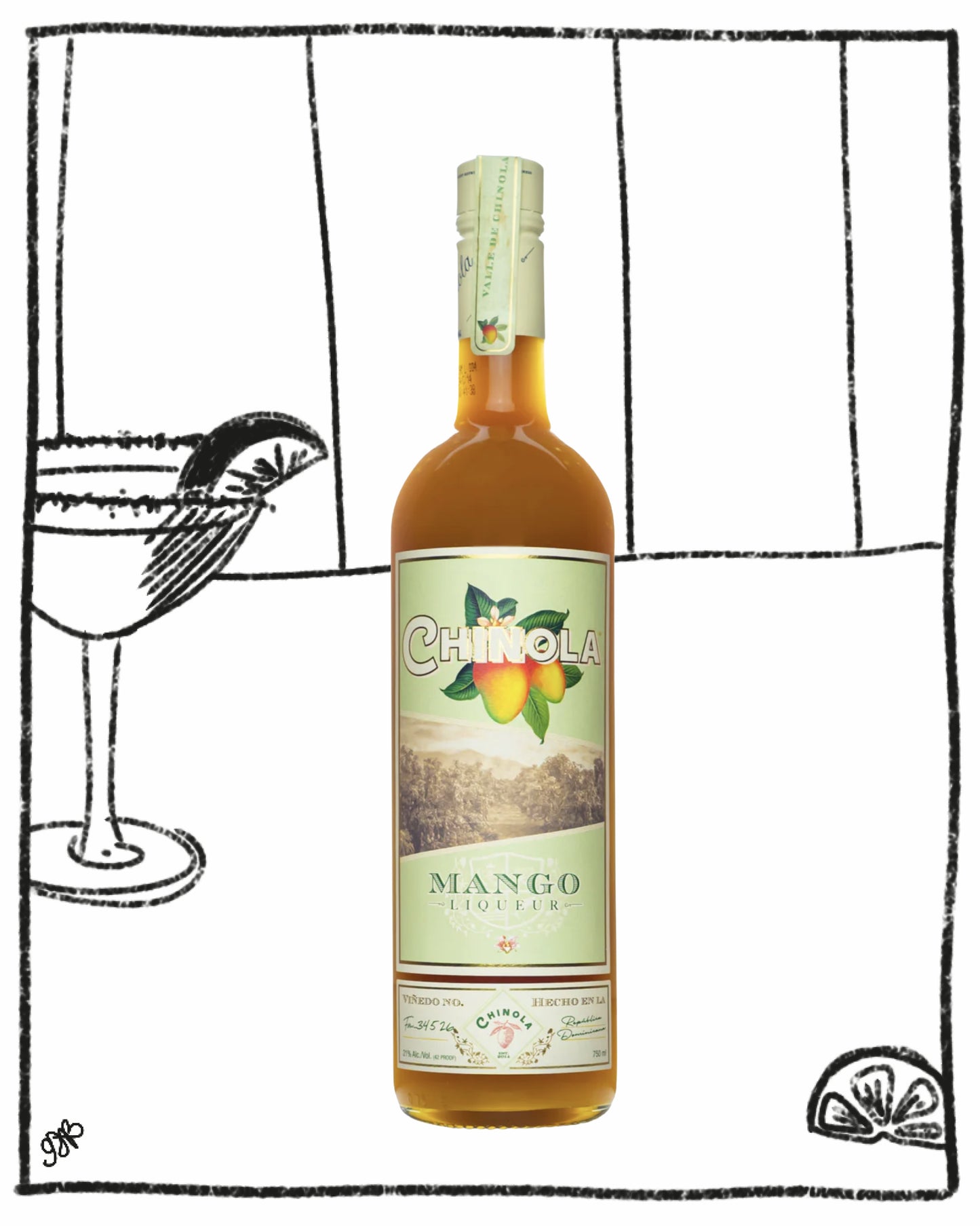 Bottle of Chinola Mango liqueur with a glass illustration in the background