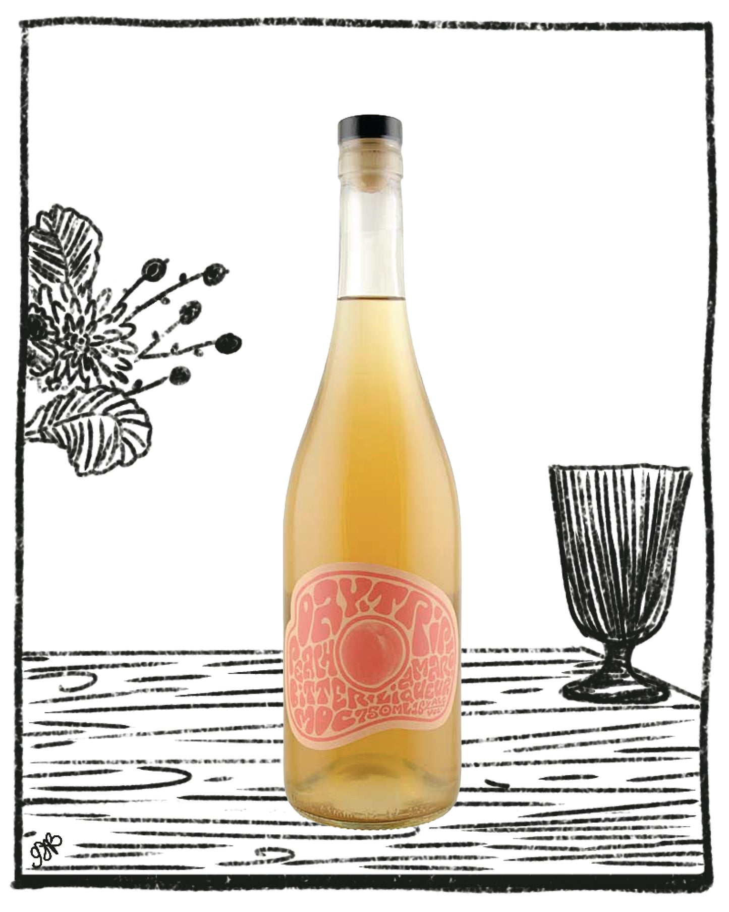 Bottle of white wine with a pink label on a wooden surface, surrounded by black line art illustrations.