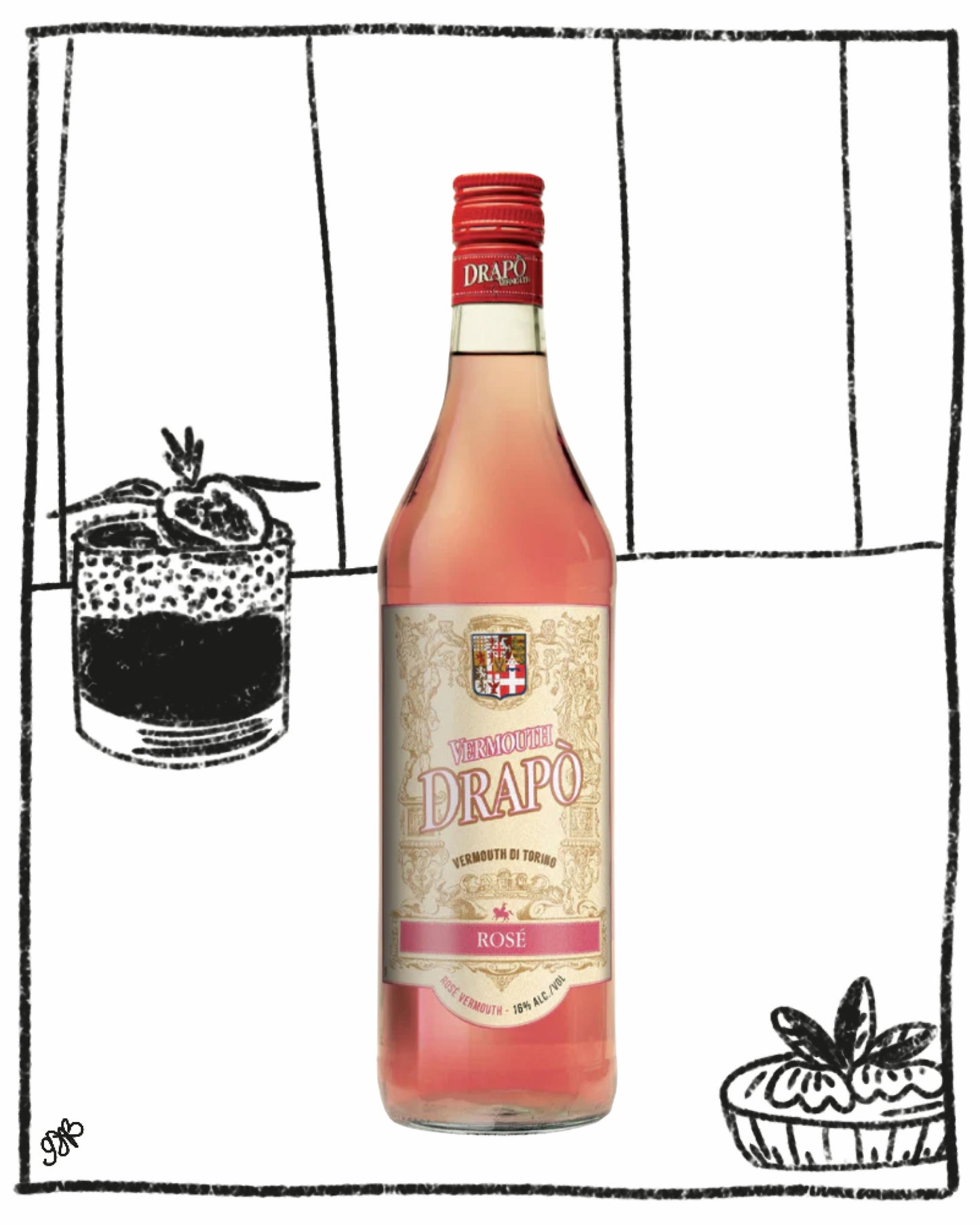 Bottle of Drapo Rosé wine with a glass and pomegranate illustration on a white background