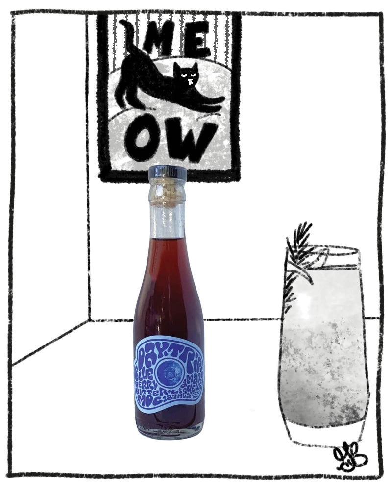 Bottle of syrup with a label and a glass on a white background with black line art.