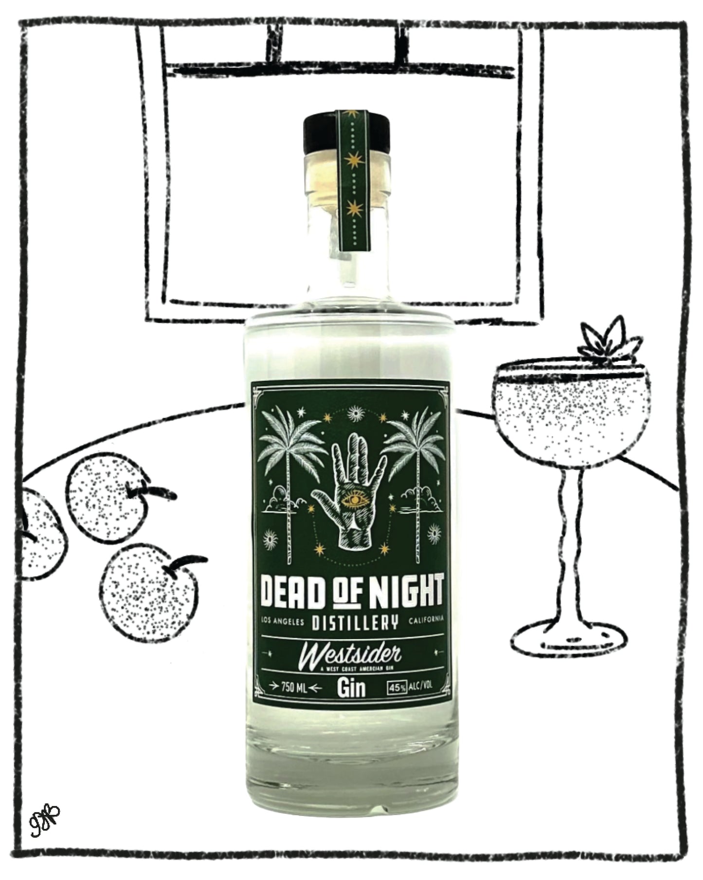 Bottle of Dead of Night Gin with a stylized drawing of a cocktail and cherries in the background.