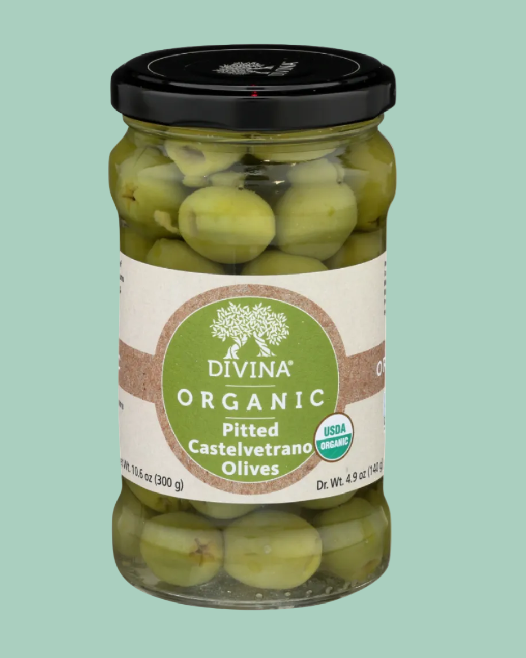 Jar of Divina Organic pitted Castelvetrano olives on a white background