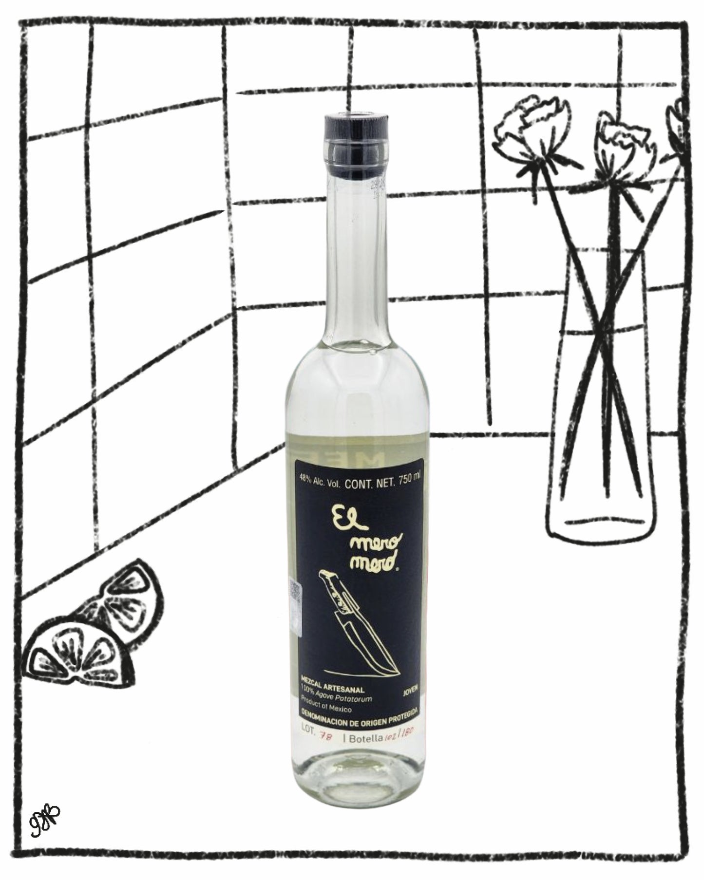Bottle of El Mero Mero mezcal with a black label on a black and white background