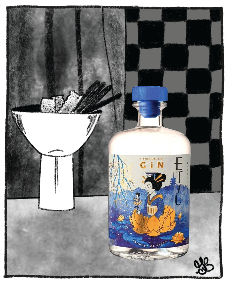 Etsu Japanese gin bottle with a blue and gold label in front of a black and grey illustrated background