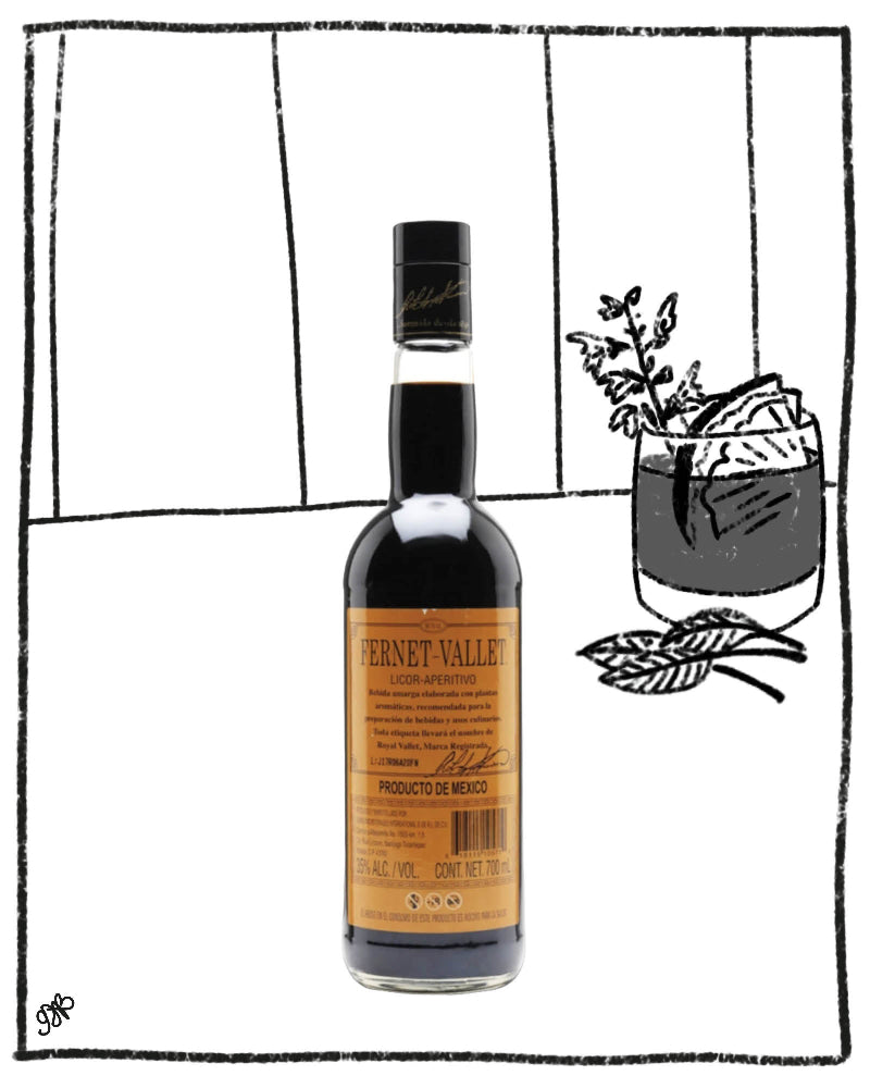 Bottle of Bernet Valley liquor with a decorative background