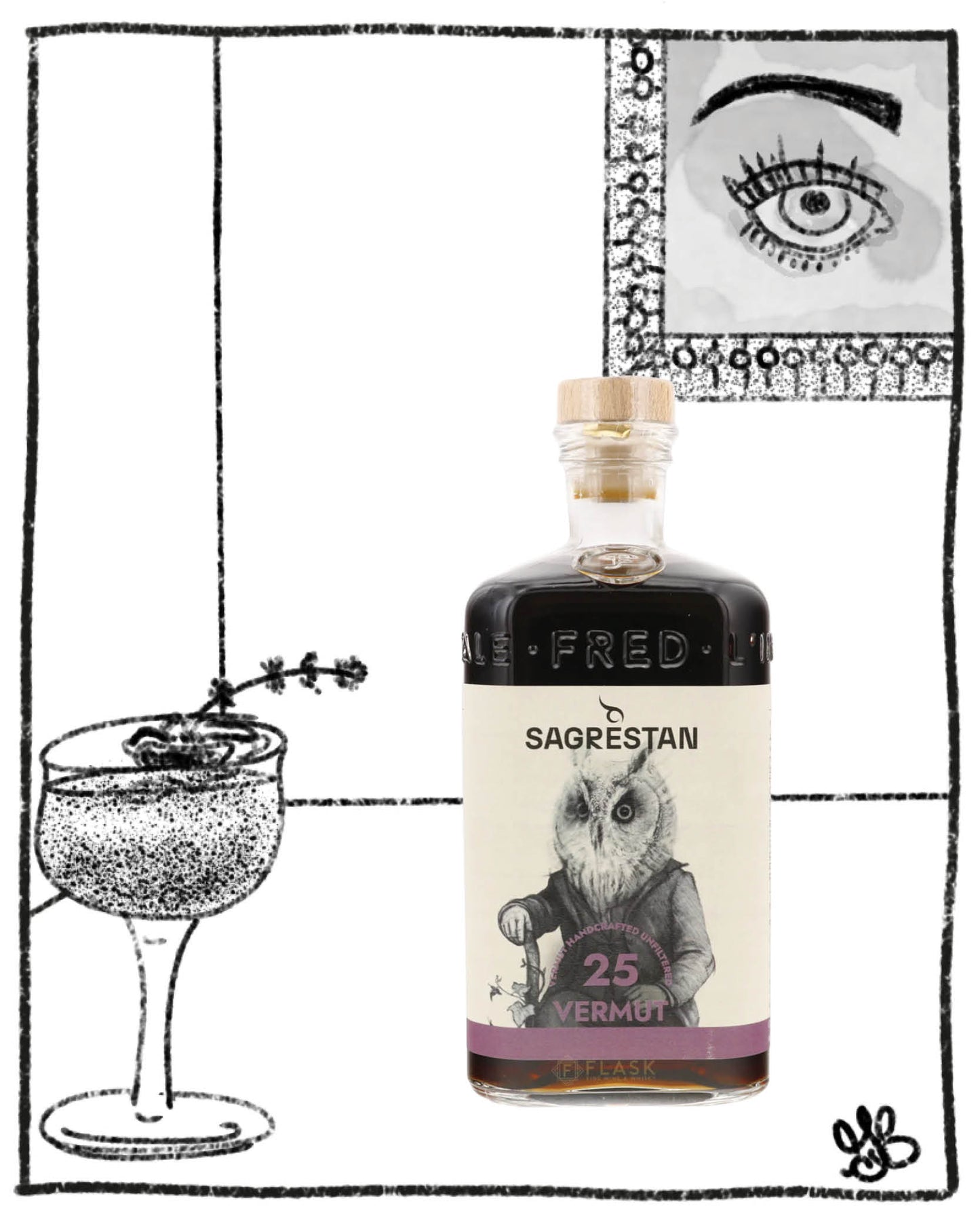 Bottle of Sagrestan vermouth with a label featuring an owl illustration, next to a cocktail glass.