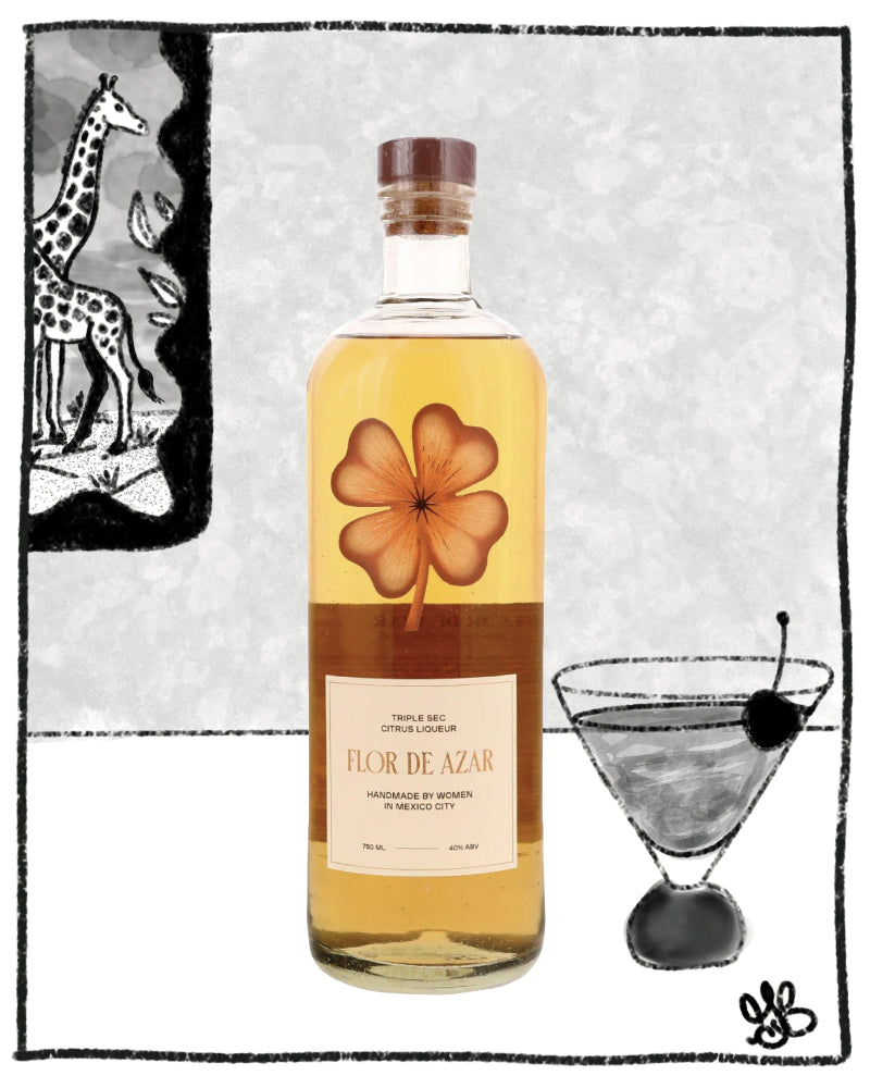 Bottle of Flor de Azar liqueur with a martini glass and black and white illustration in the background