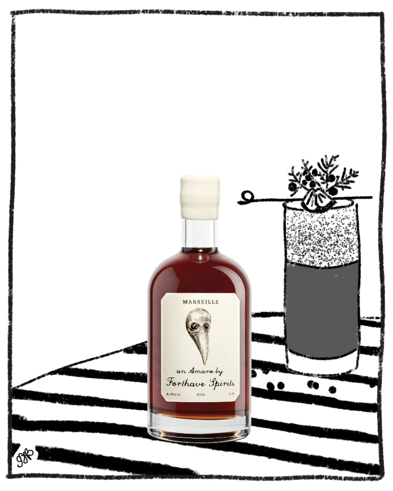 A bottle of Marseille Fournas 'Fearhouse' spirit with a cream-colored label and white cap, displayed next to a stylized cocktail illustration on a black-and-white striped background.