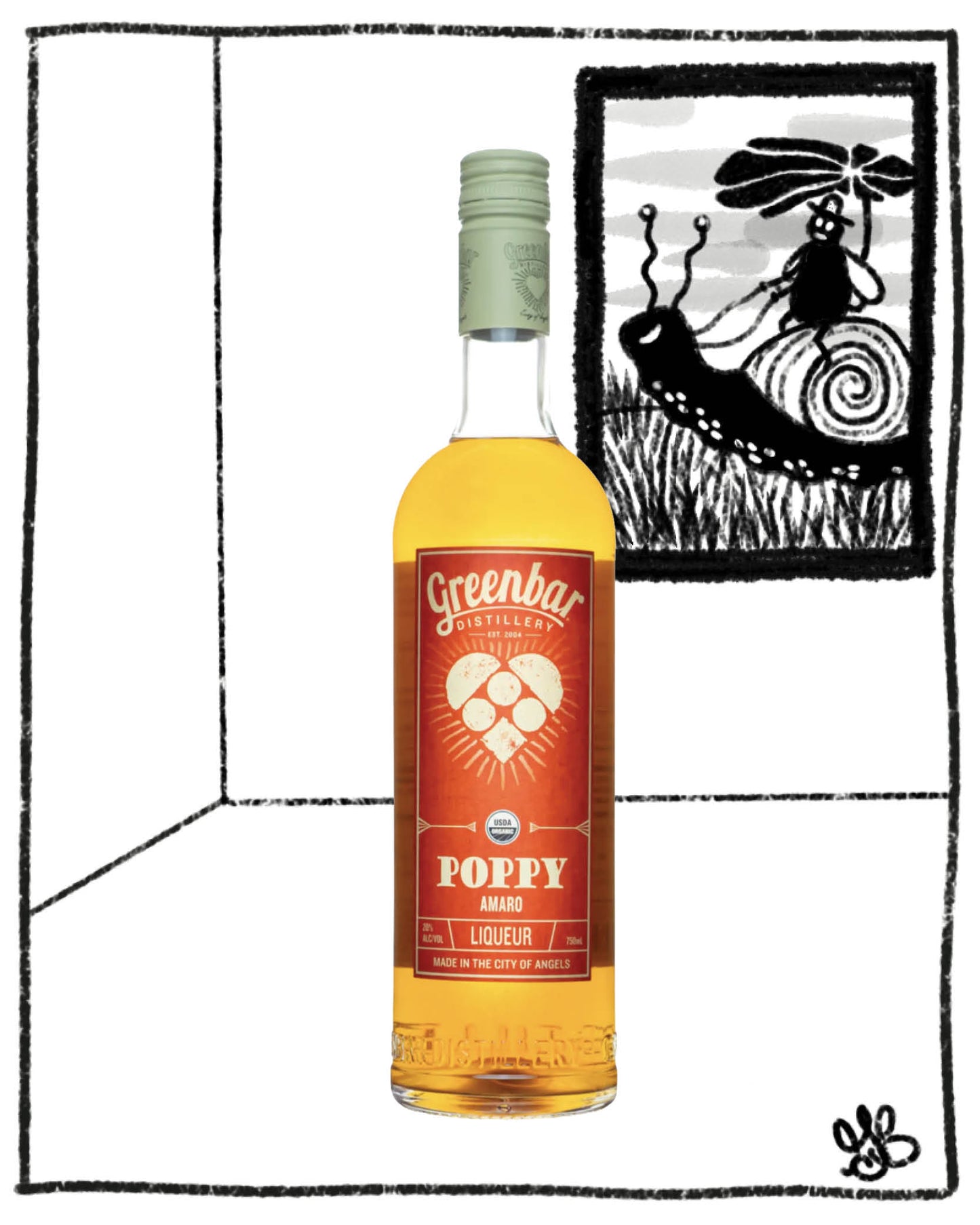 Bottle of Greenbay Poppy Amaretto liqueur with a decorative background