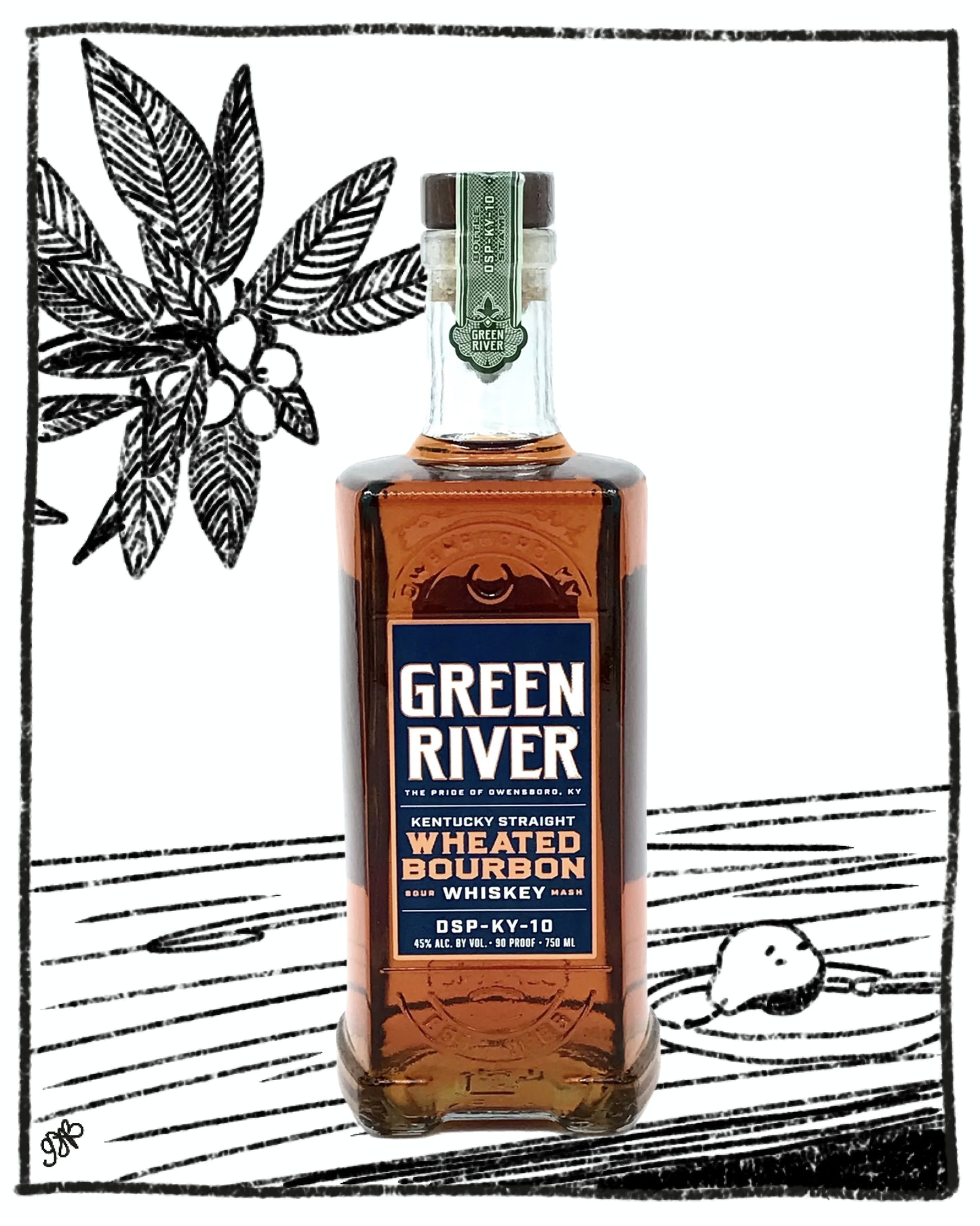 Green River wheated bourbon whiskey bottle with decorative elements on a white background