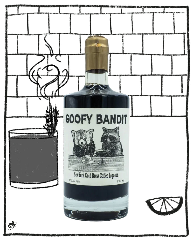 A bottle of Goofy Bandit New York Cold Brew Coffee Liqueur centered against a hand-drawn black-and-white brick wall background, with simple line-art illustrations of a drink, steam, and a coffee slice around it.