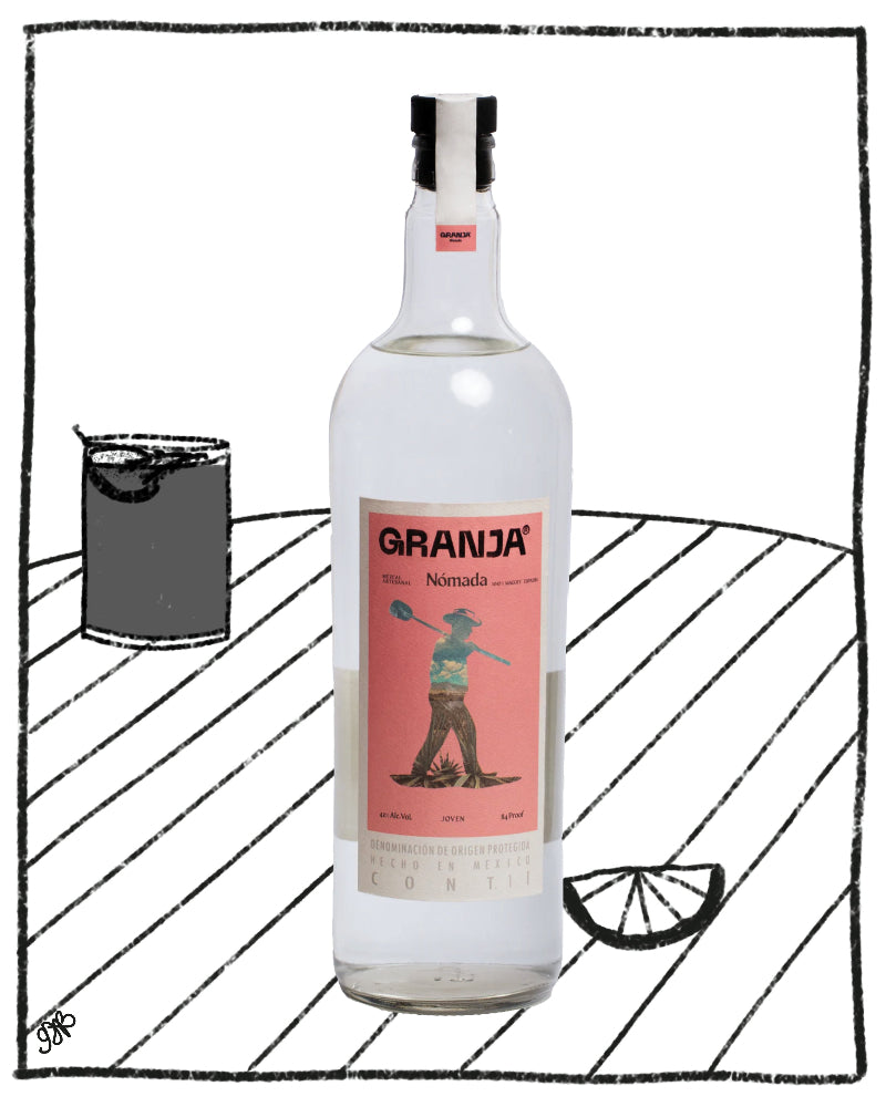 A bottle of Granja Nevada tequila centered on a white background with hand-drawn black line art showing a glass, a lime wedge, and a table surface. The bottle label is pink with a cowboy illustration and the brand name GRANJA prominently printed at the top.