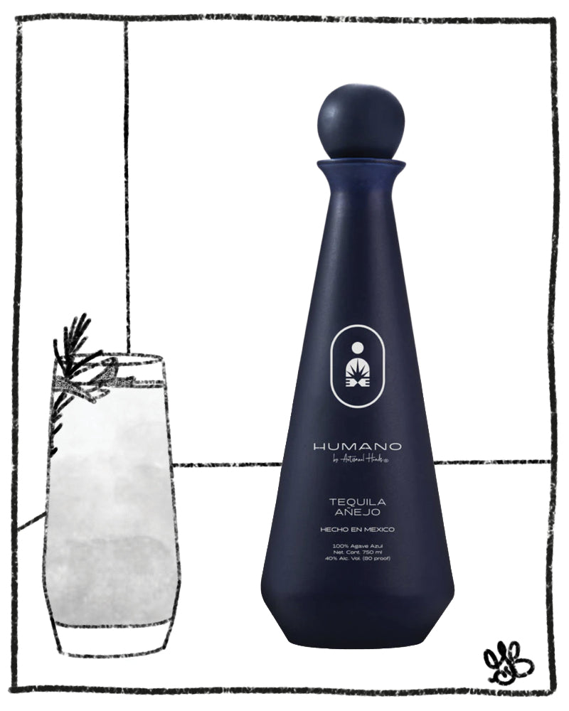 Navy blue bottle of Humano Tequila with a glass of cocktail on a white background