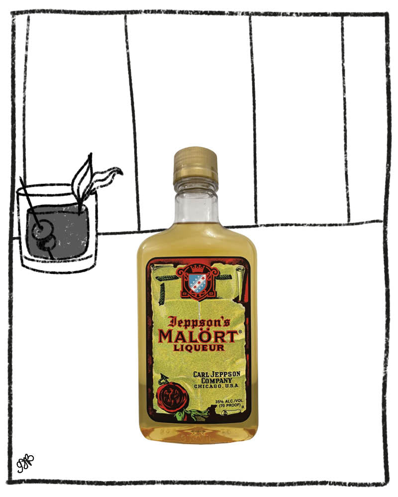 Deppson's Malort Liqueur bottle with a drawing of a cocktail in the background