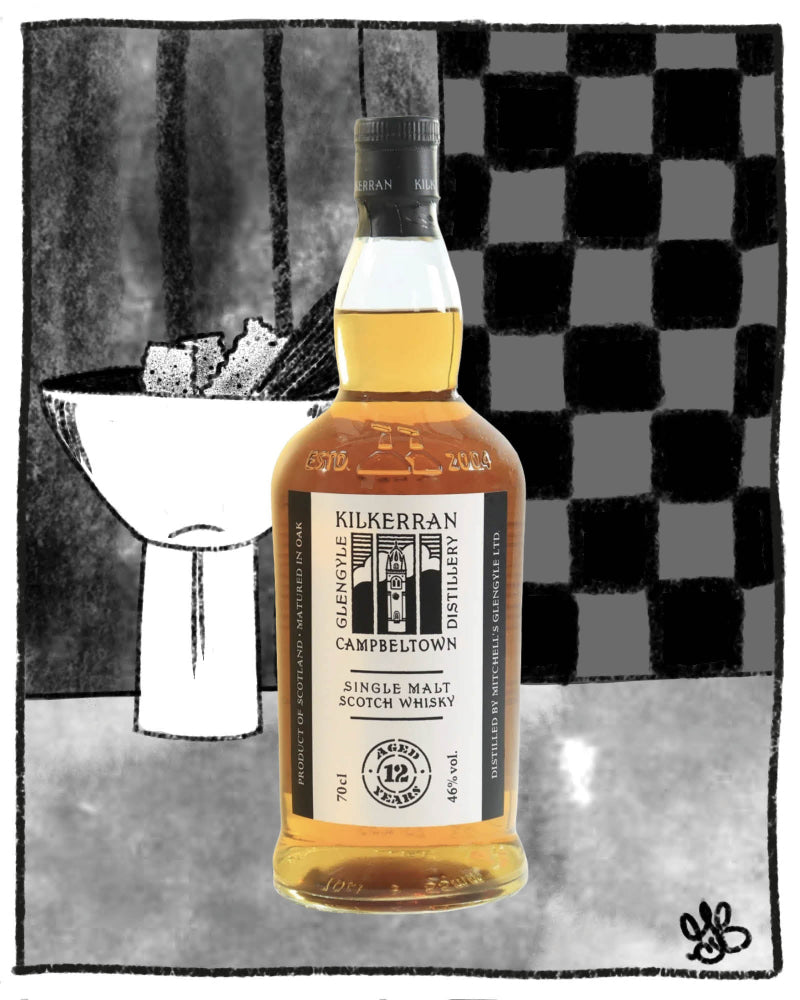Bottle of Kilkerran whisky with a black and white checkered background