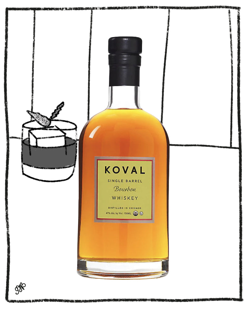 Bottle of Koval Single Barrel Bourbon Whiskey with a glass of ice and a straw on a white background.