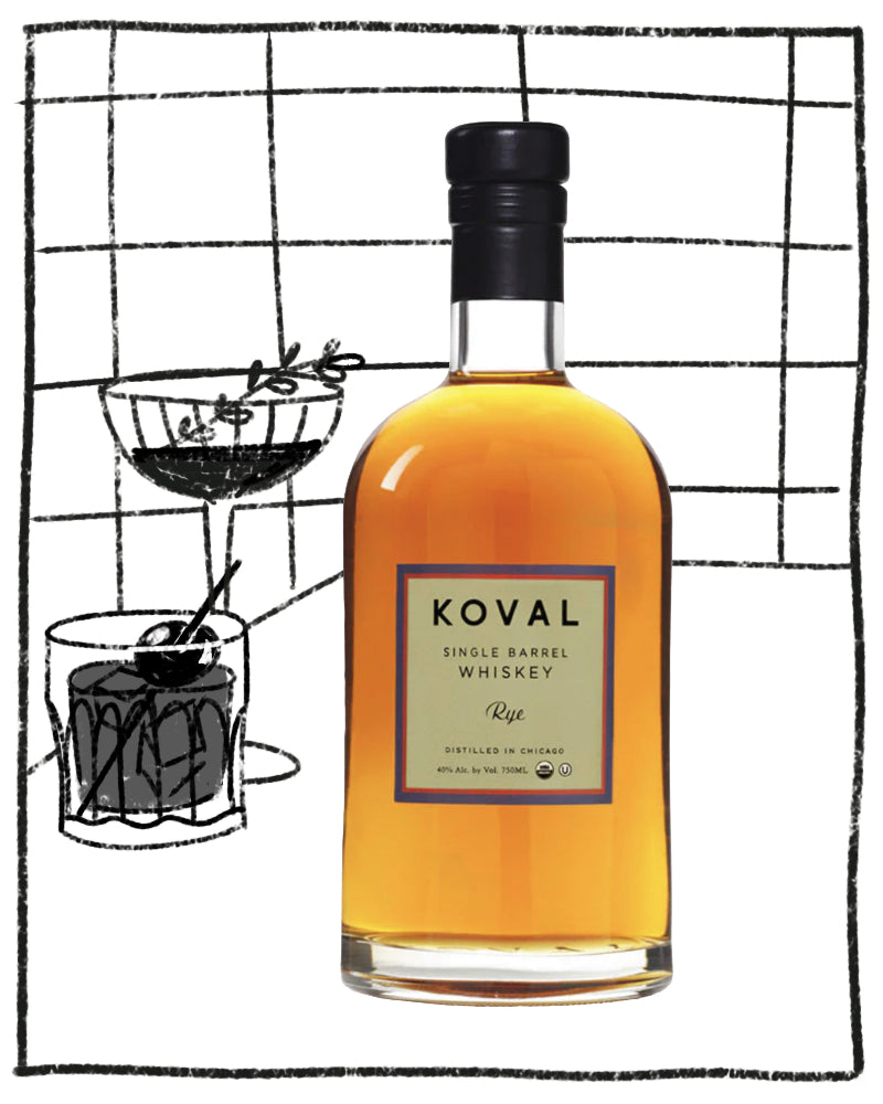 Bottle of Koval Single Barrel Rye Whiskey with a cocktail illustration on a grid background