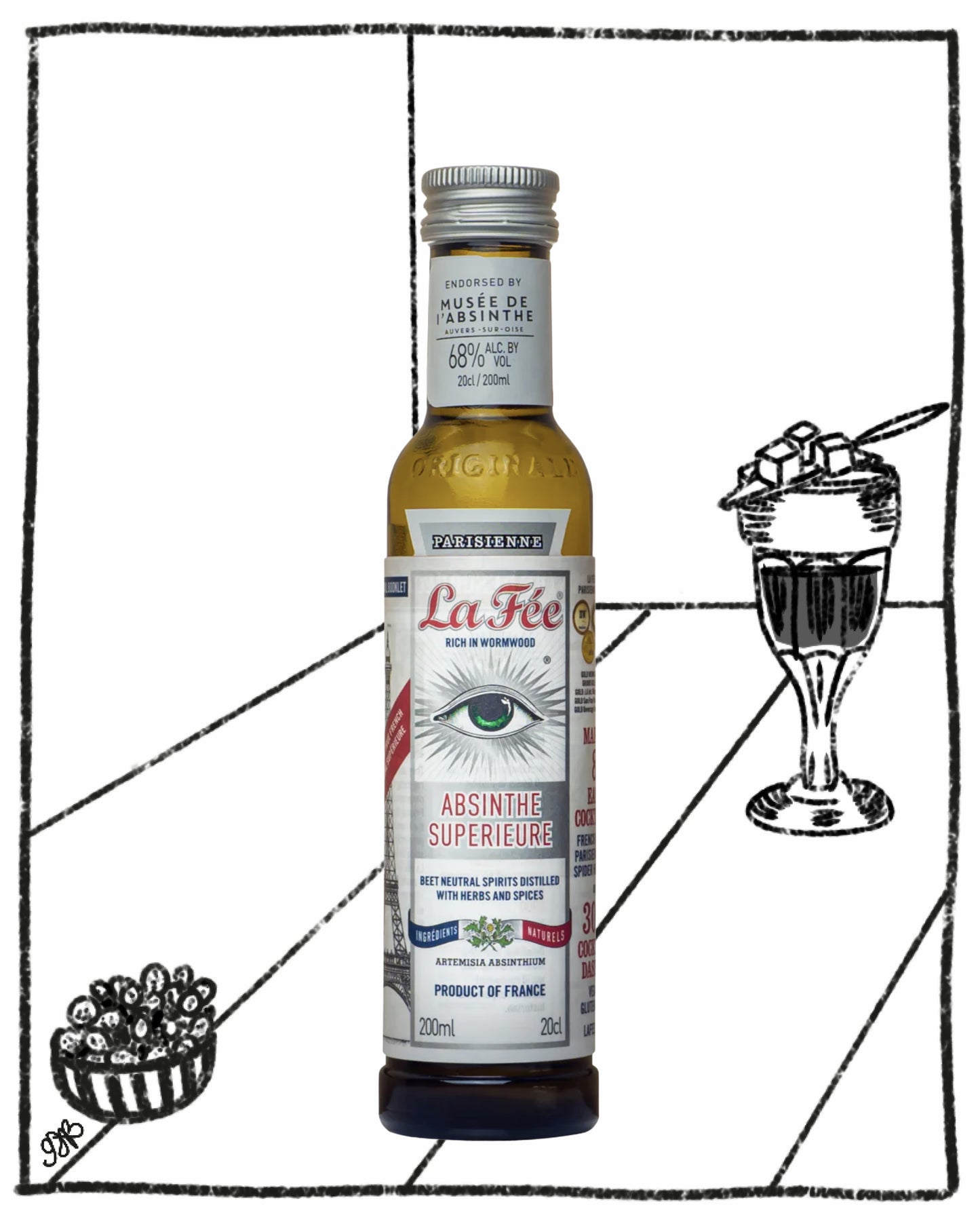 Bottle of La Fee Absinthe Superlievre with a cocktail illustration on a white background