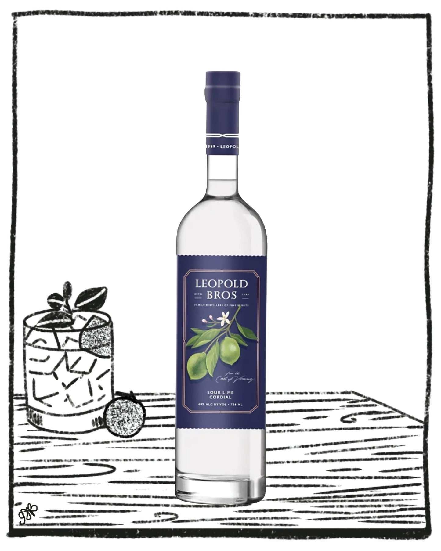 A bottle of Leopold Bros. Greyhound Caraway Vodka centered on a white background, with a black-and-white illustrated cocktail glass and garnish on the left and a tabletop drawing beneath.
