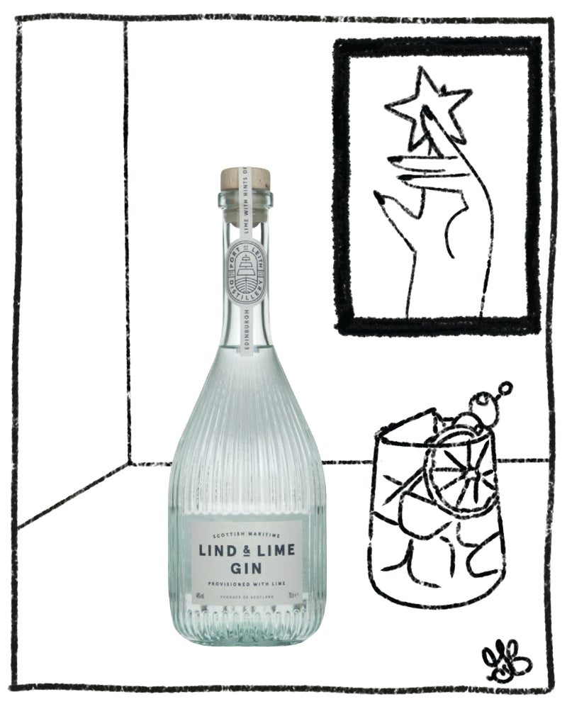 Bottle of Lind & Lime gin in front of a black and white drawn background