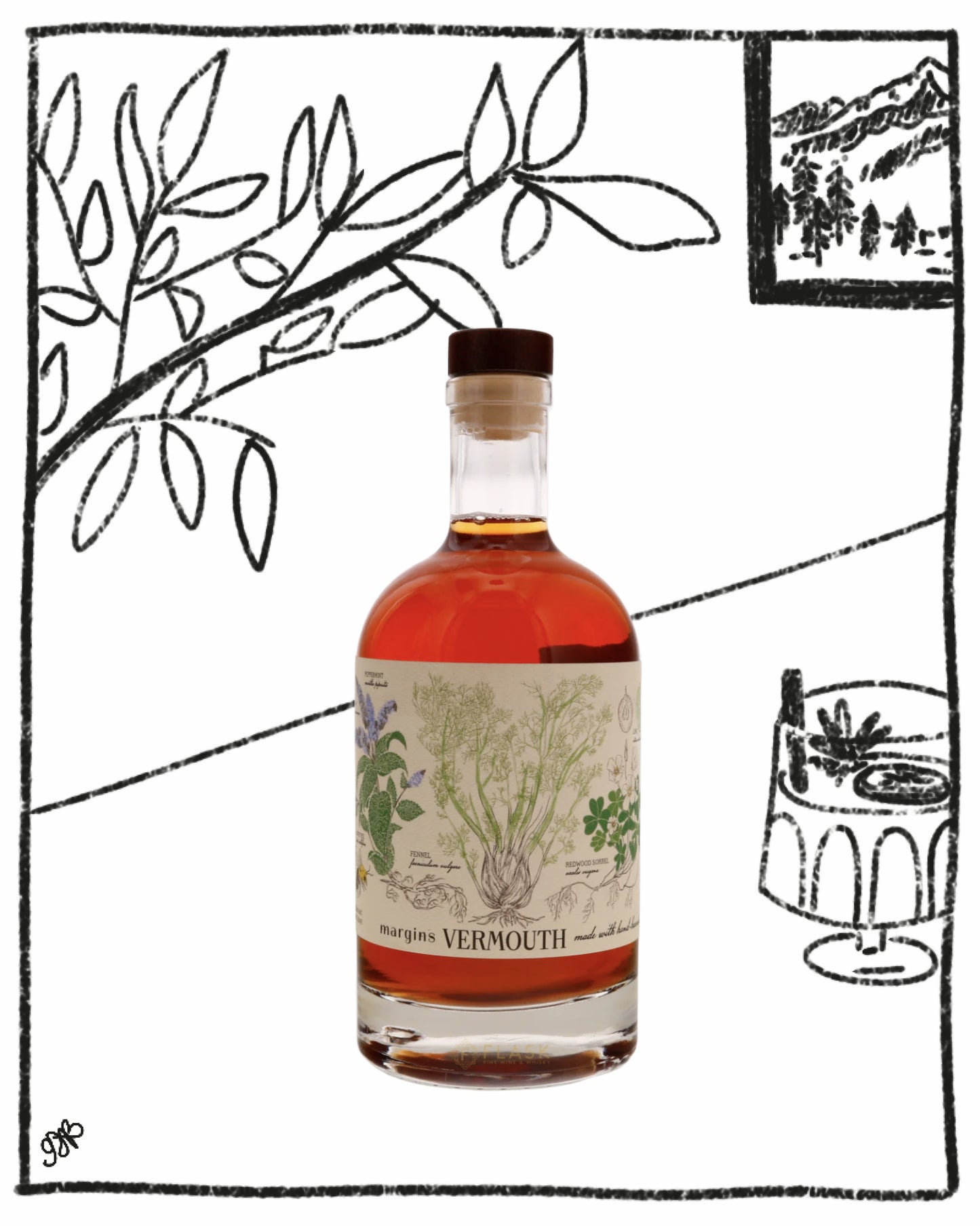 Bottle of vermouth with botanical label on a white background
