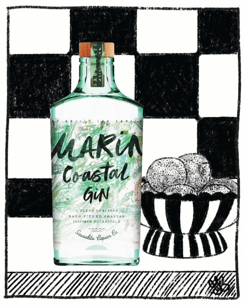 Bottle of Marin Coastal Gin with a black and white checkered background