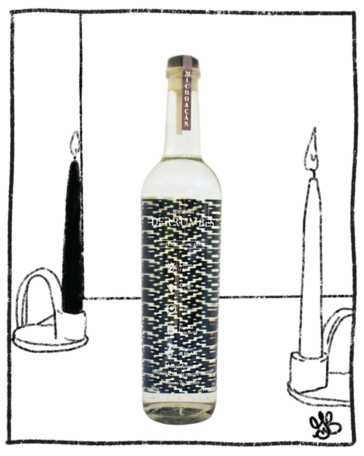 Bottle with decorative label in a black and white illustrated setting