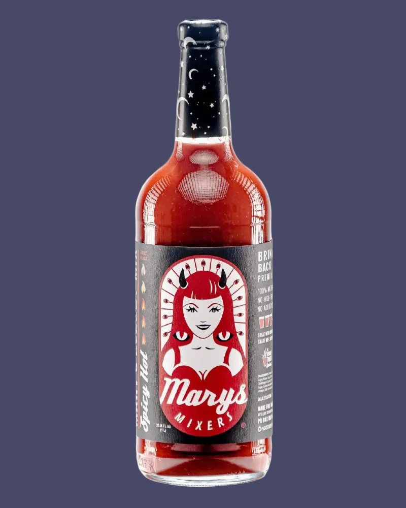 Bottle of Mary's Mixers Spicy Hot with a red label on a dark background