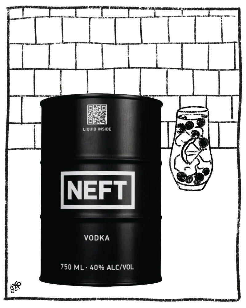 Black barrel labeled 'NEFT Vodka' with a glass of berries on a tiled background