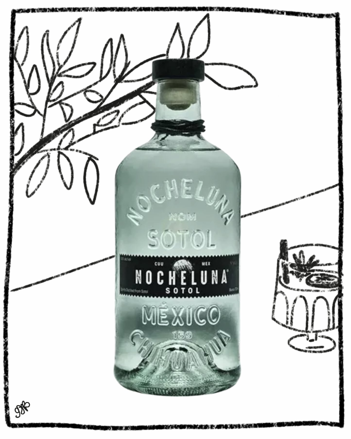Bottle of Nocheluna Sotol with a black and white illustration in the background