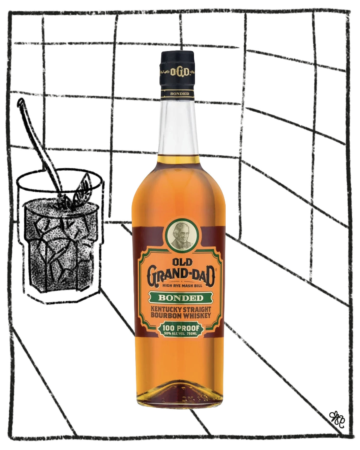 A bottle of Old Grand-Dad Bonded Kentucky Straight Bourbon Whiskey centered on a white background with black hand-drawn grid lines. To the left is a sketch-style illustration of a glass with ice and a straw.