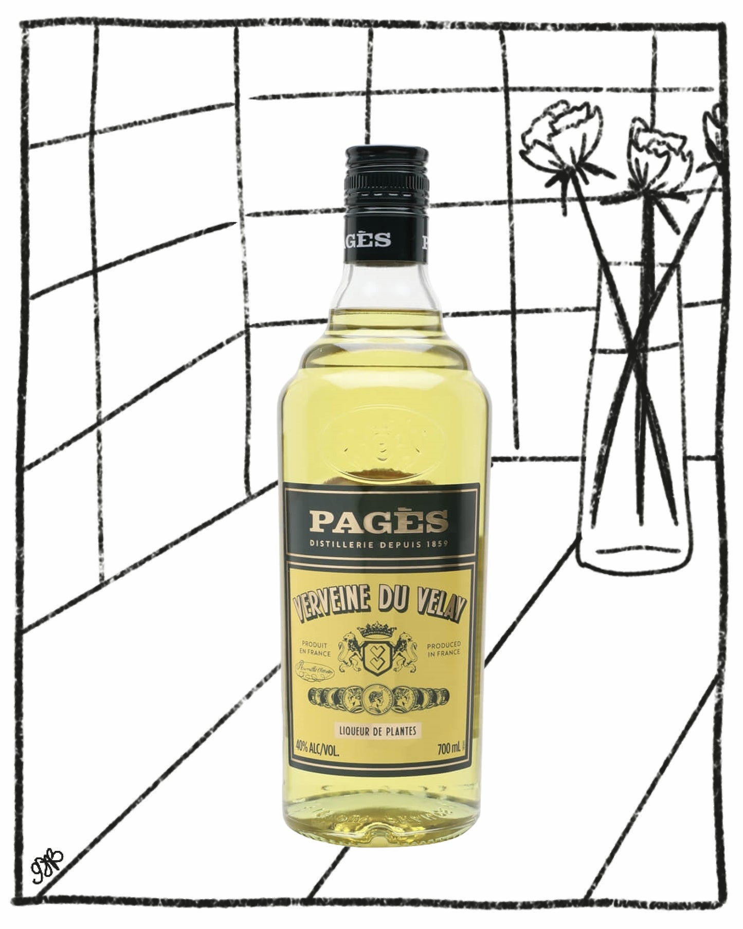 Bottle of Pâges liquor on a black and white geometric background
