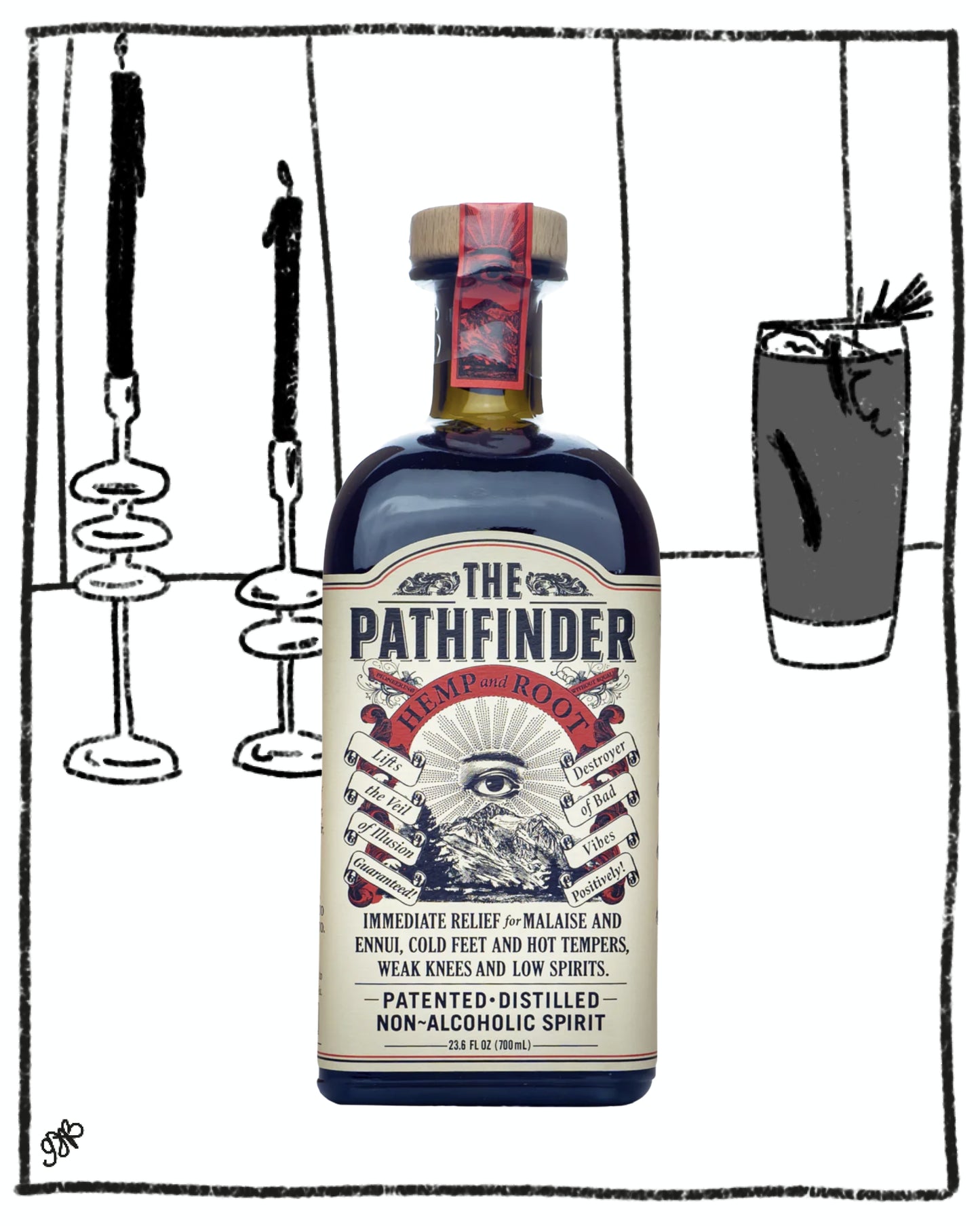 Bottle of 'The Pathfinder' non-alcoholic spirit with a label featuring text and graphics on a black and white background.