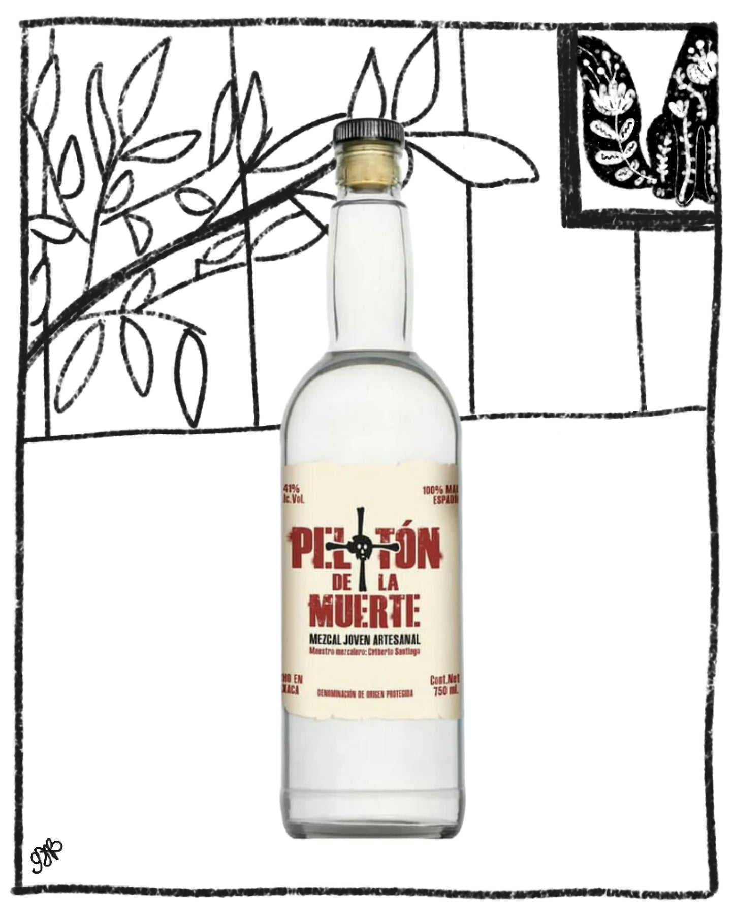 Bottle of Mezcal with 'Peleón de la Muerte' label on a white background with black line art.