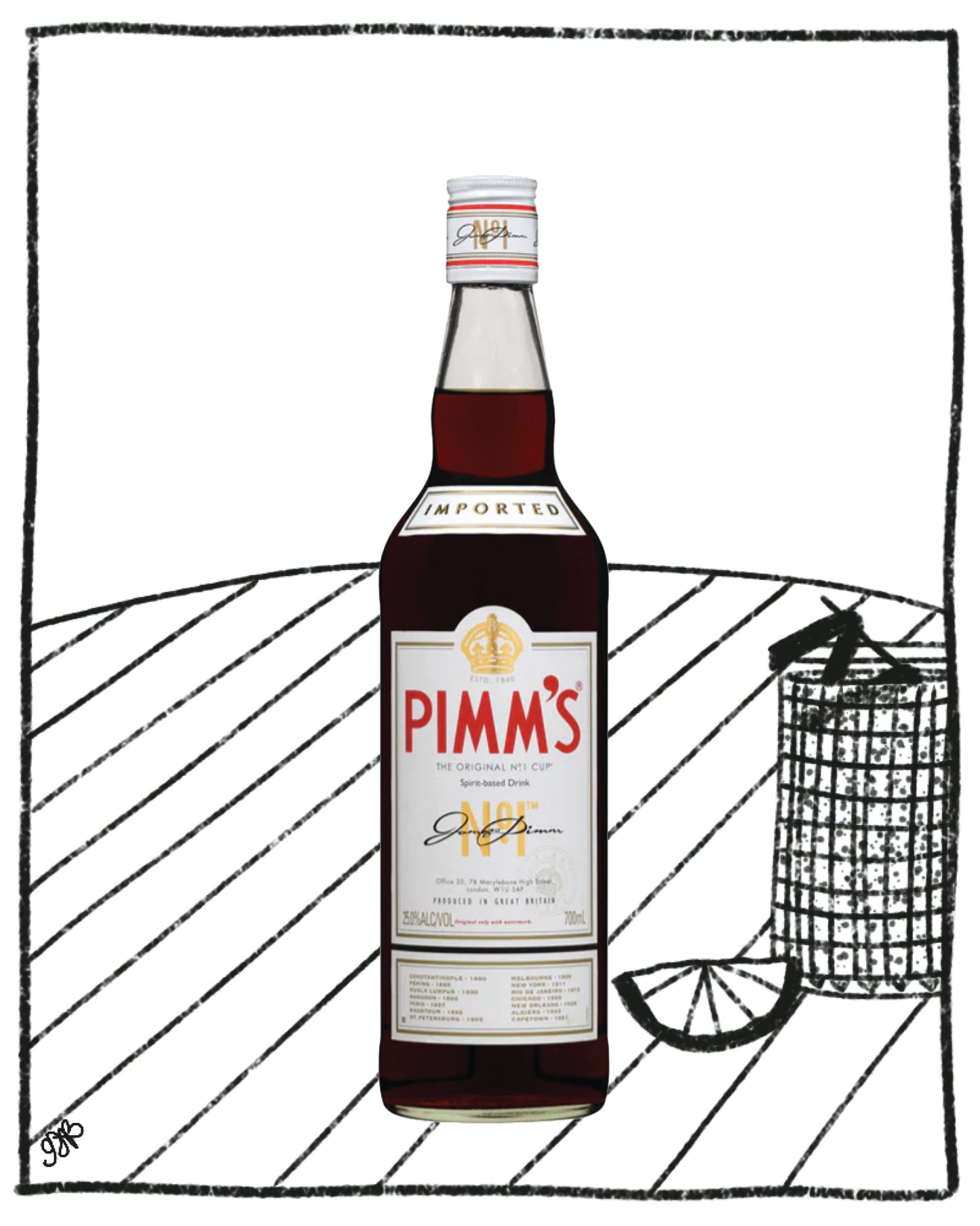 Bottle of Pimm's with a lemon wedge on a white background